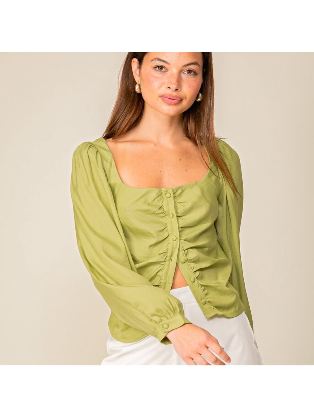 NWT Lumiere Green Square-Neck Ruched Button Blouse - size Large